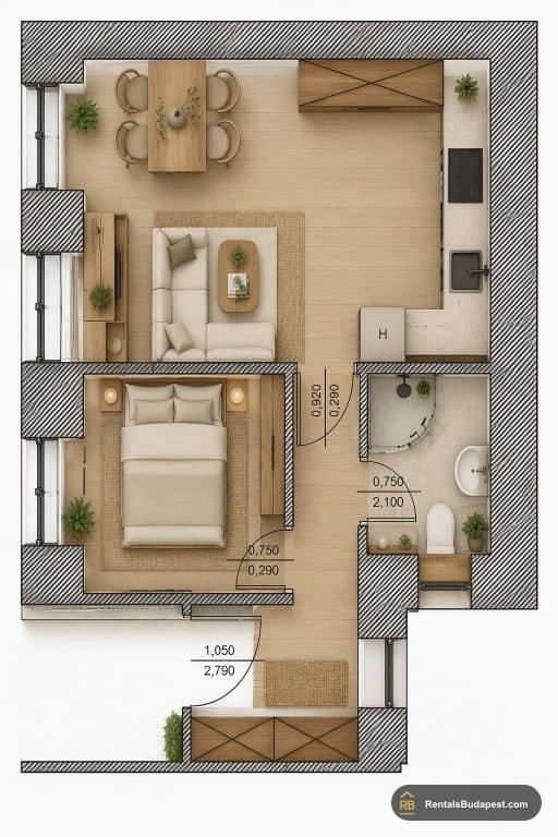 Floor plan of a one-bedroom flat showing living area, bedroom, kitchen and bathroom, Museum street