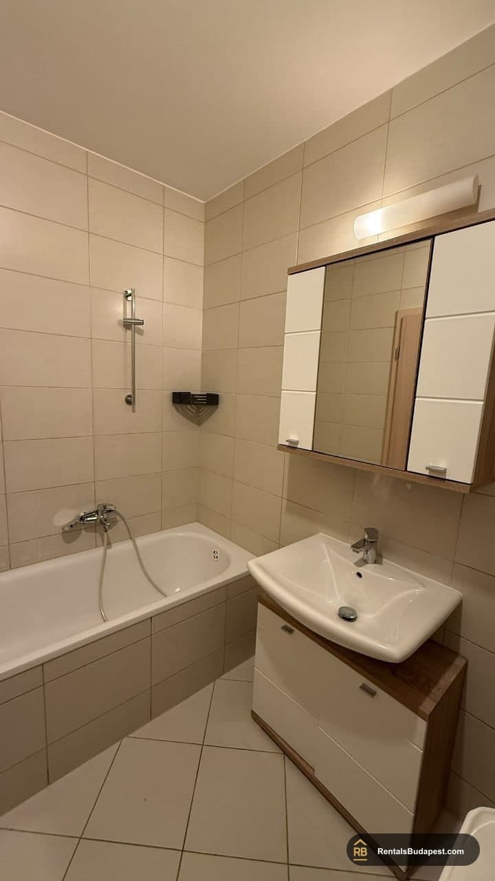 Bathroom with white tub, wall-mounted sink, vanity cabinet and mirror cabinet, Viola utca