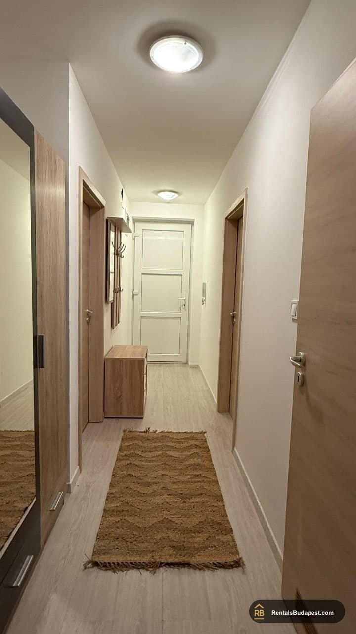 Long hallway with light wood flooring, a woven runner rug, white doors, and a wooden coat rack, Viola utca