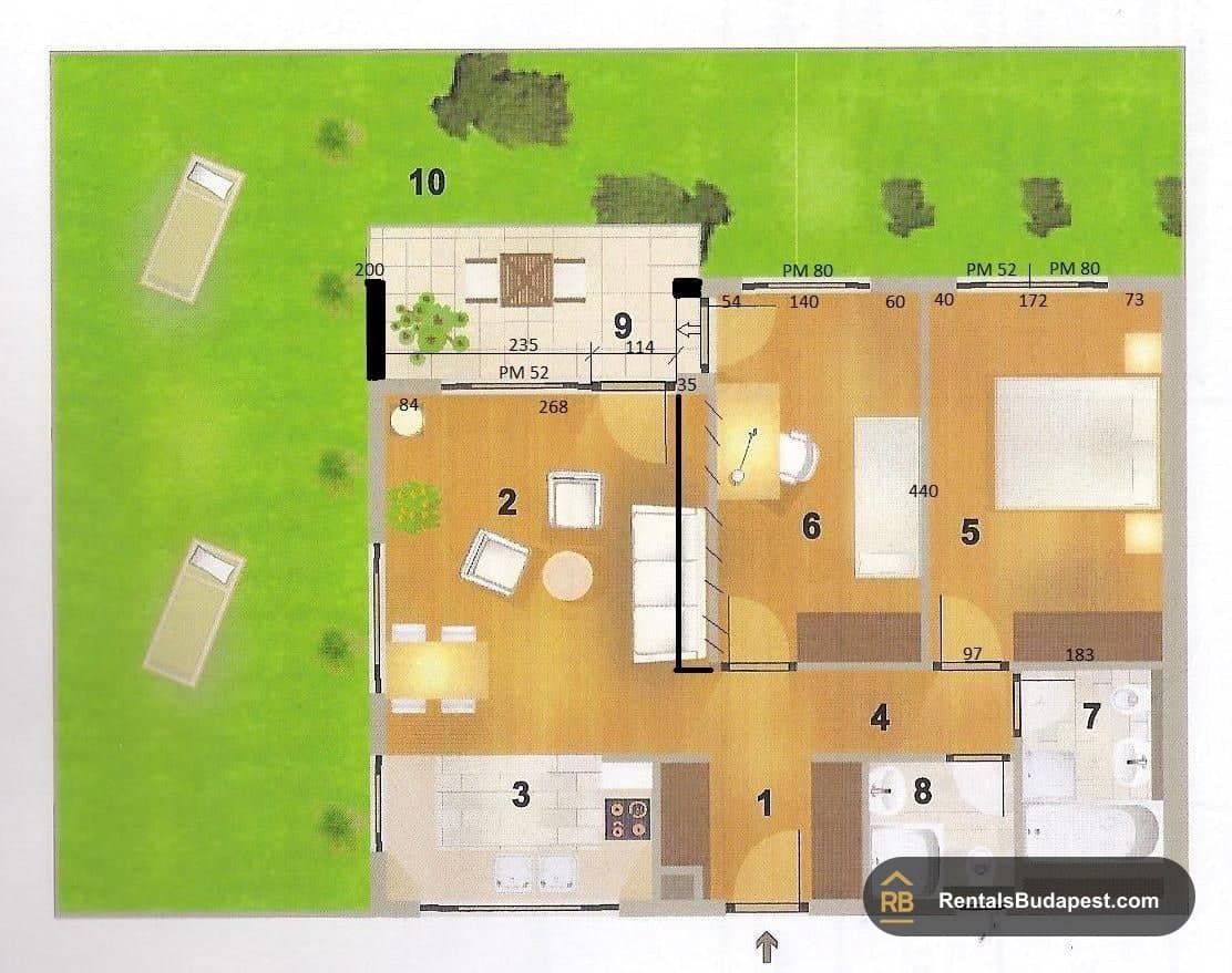 Floor plan showing a layout of entrance hall, living area, kitchen, two bedrooms, two bathrooms, and a terrace with garden, Corvin sétány